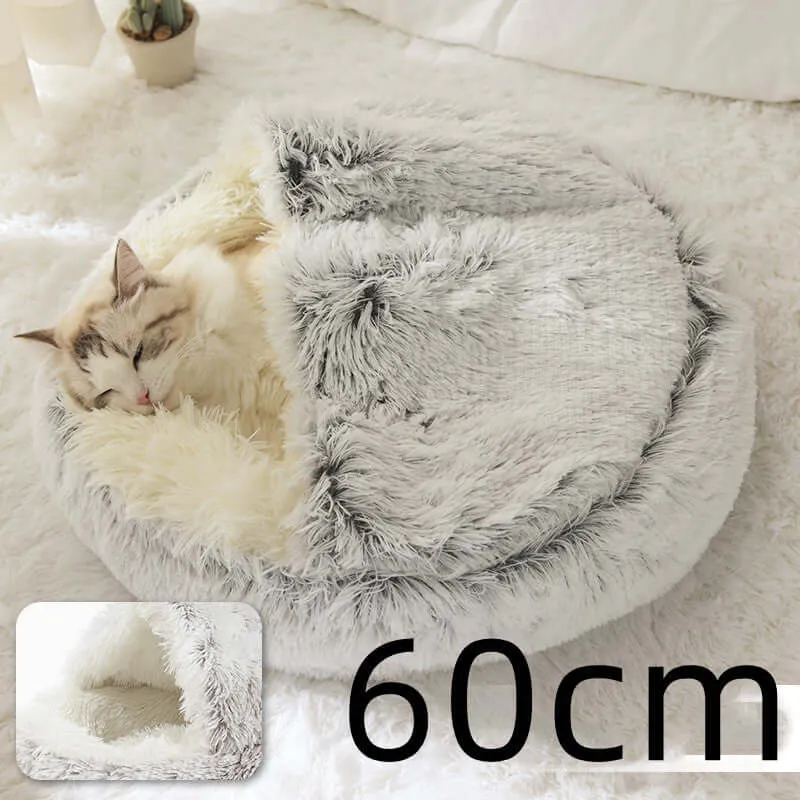 2-in-1 Dog and Cat Bed - Round Plush Winter Bed, Soft Long Plush Pet House