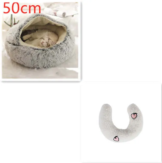 2-in-1 Dog and Cat Bed - Round Plush Winter Bed, Soft Long Plush Pet House