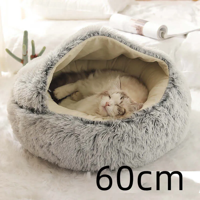 2-in-1 Dog and Cat Bed - Round Plush Winter Bed, Soft Long Plush Pet House