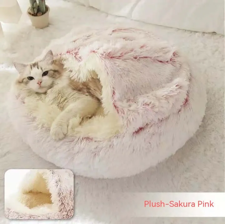 2-in-1 Dog and Cat Bed - Round Plush Winter Bed, Soft Long Plush Pet House