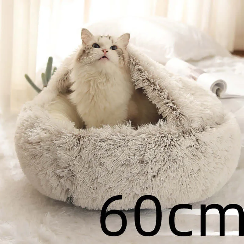 2-in-1 Dog and Cat Bed - Round Plush Winter Bed, Soft Long Plush Pet House