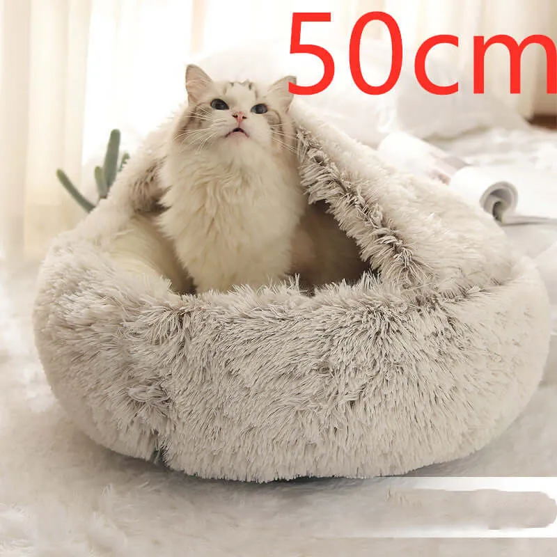 2-in-1 Dog and Cat Bed - Round Plush Winter Bed, Soft Long Plush Pet House