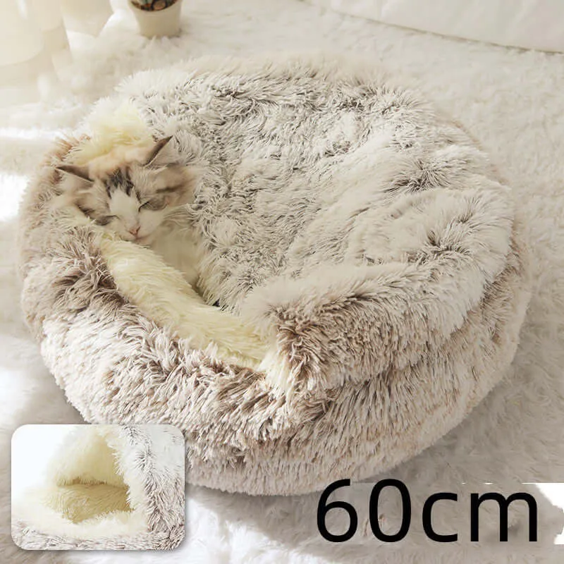 2-in-1 Dog and Cat Bed - Round Plush Winter Bed, Soft Long Plush Pet House