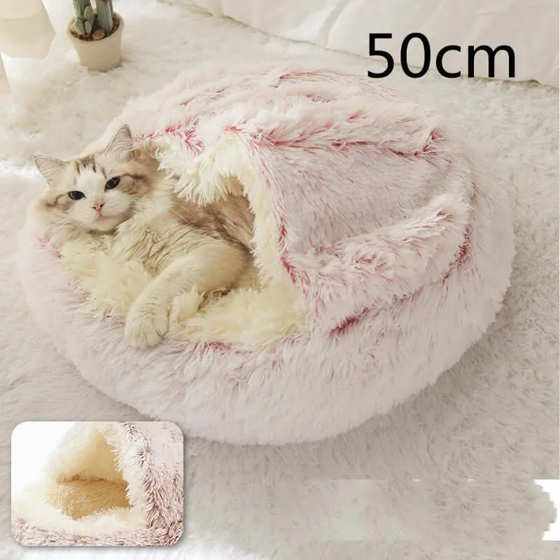 2-in-1 Dog and Cat Bed - Round Plush Winter Bed, Soft Long Plush Pet House