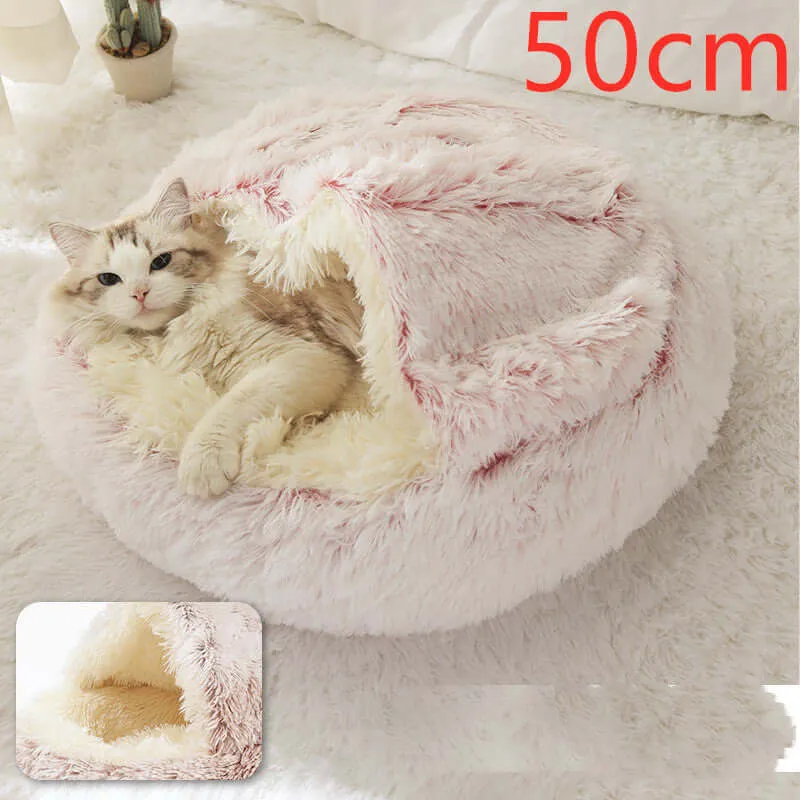 2-in-1 Dog and Cat Bed - Round Plush Winter Bed, Soft Long Plush Pet House