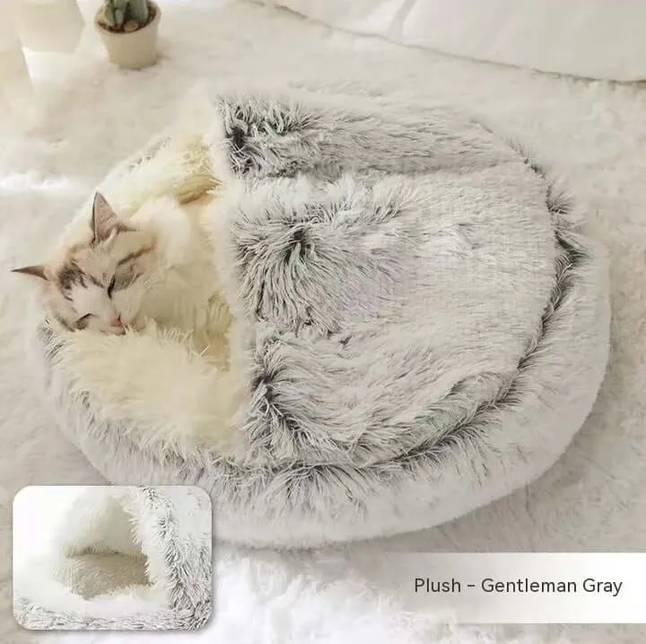 2-in-1 Dog and Cat Bed - Round Plush Winter Bed, Soft Long Plush Pet House