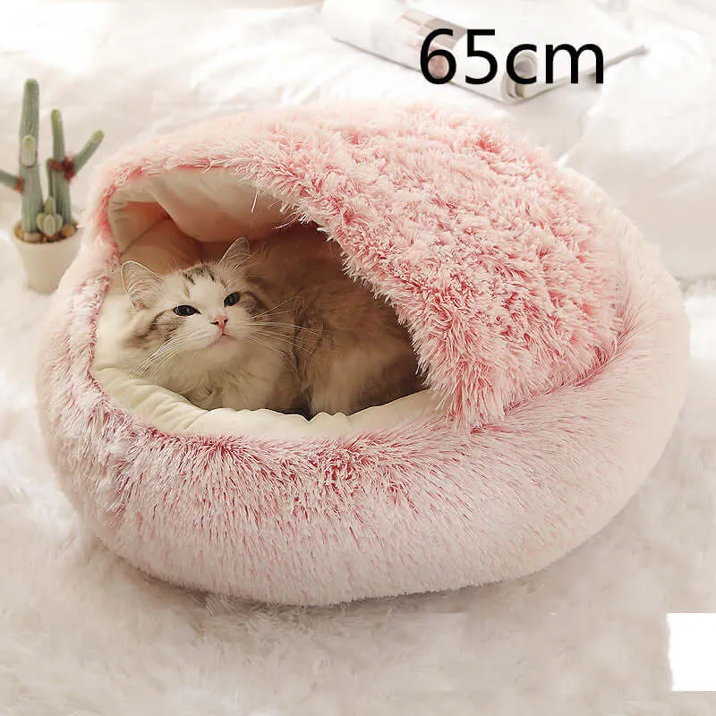 2-in-1 Dog and Cat Bed - Round Plush Winter Bed, Soft Long Plush Pet House