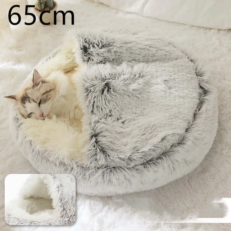 2-in-1 Dog and Cat Bed - Round Plush Winter Bed, Soft Long Plush Pet House