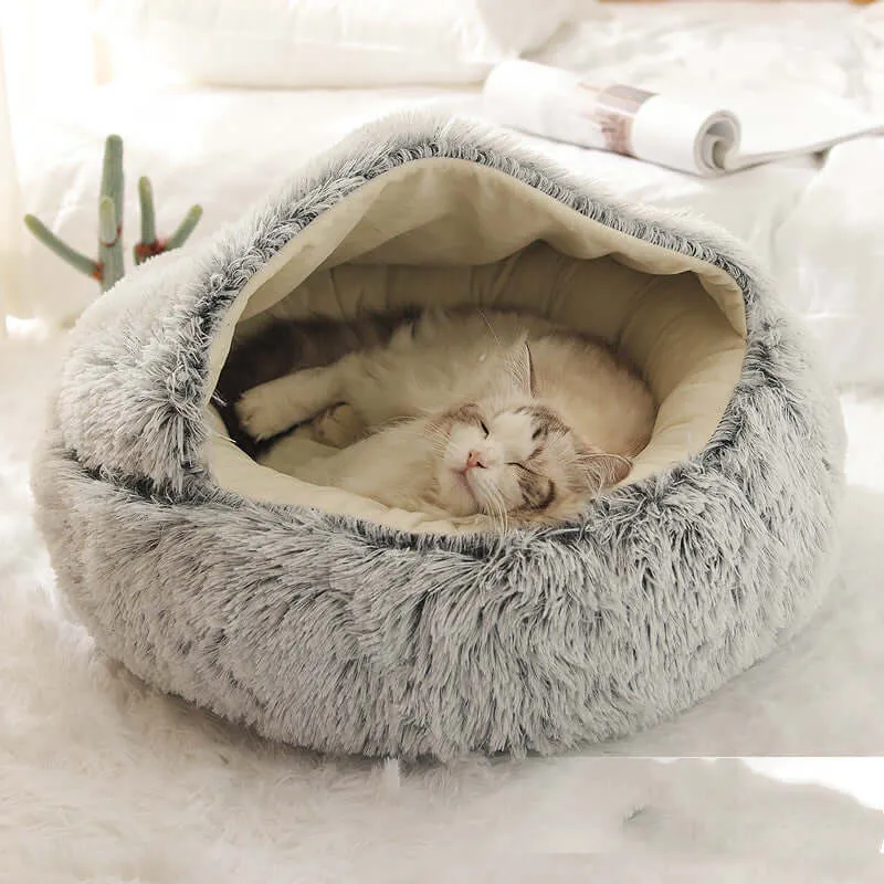 2-in-1 Dog and Cat Bed - Round Plush Winter Bed, Soft Long Plush Pet House