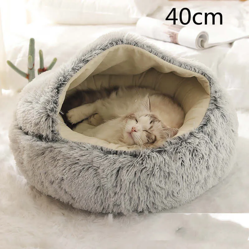 2-in-1 Dog and Cat Bed - Round Plush Winter Bed, Soft Long Plush Pet House