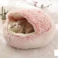 2-in-1 Dog and Cat Bed - Round Plush Winter Bed, Soft Long Plush Pet House