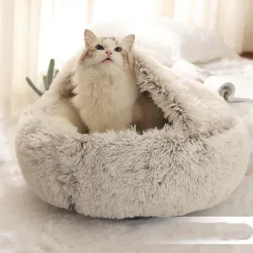 2-in-1 Dog and Cat Bed - Round Plush Winter Bed, Soft Long Plush Pet House