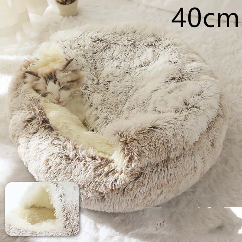 2-in-1 Dog and Cat Bed - Round Plush Winter Bed, Soft Long Plush Pet House