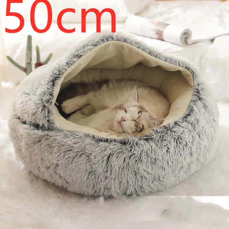 2-in-1 Dog and Cat Bed - Round Plush Winter Bed, Soft Long Plush Pet House