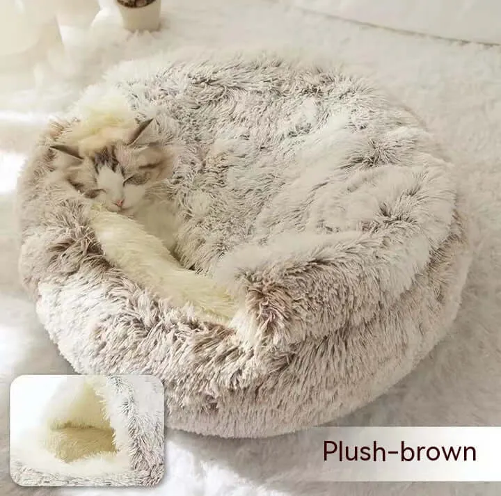 2-in-1 Dog and Cat Bed - Round Plush Winter Bed, Soft Long Plush Pet House