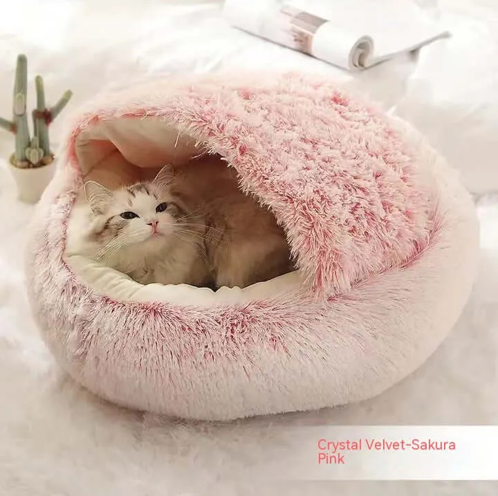 2-in-1 Dog and Cat Bed - Round Plush Winter Bed, Soft Long Plush Pet House