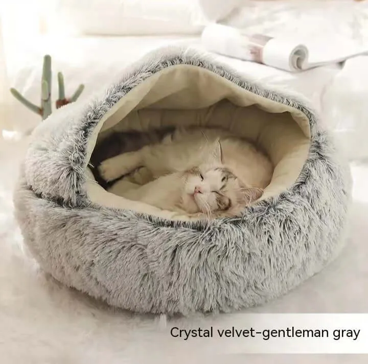 2-in-1 Dog and Cat Bed - Round Plush Winter Bed, Soft Long Plush Pet House