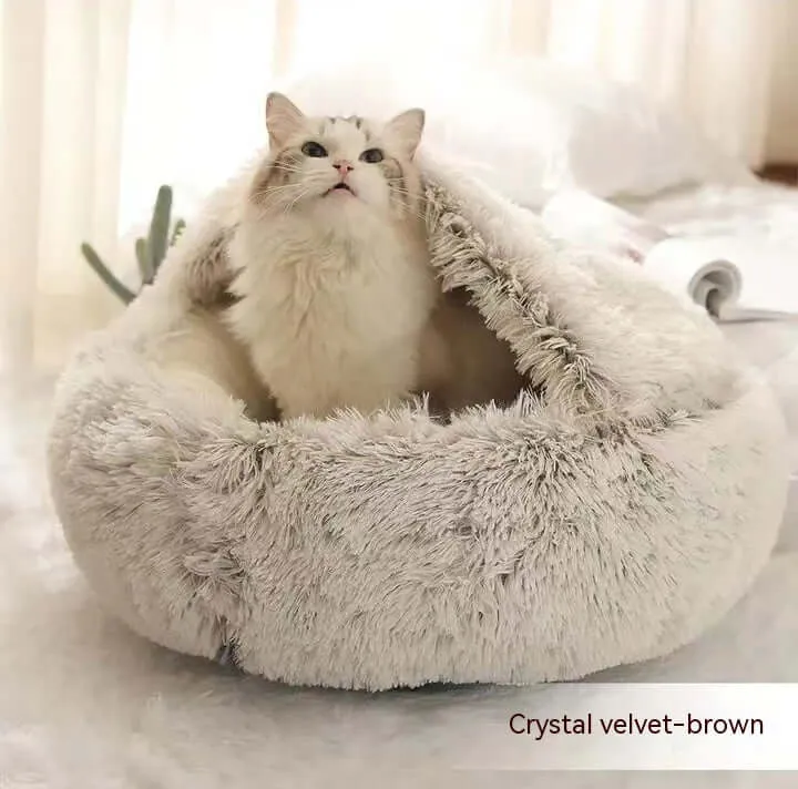 2-in-1 Dog and Cat Bed - Round Plush Winter Bed, Soft Long Plush Pet House