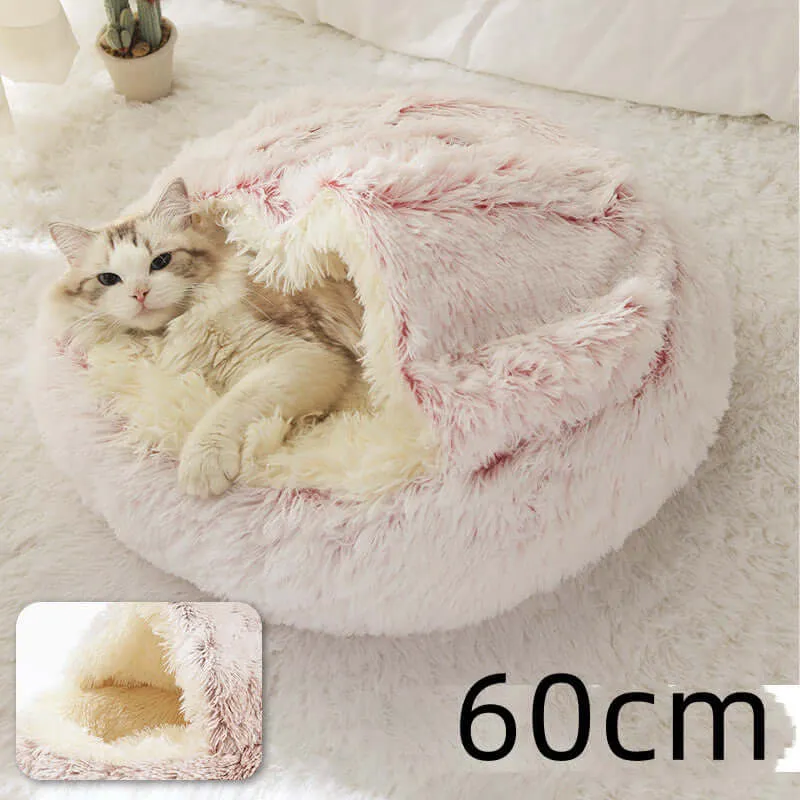 2-in-1 Dog and Cat Bed - Round Plush Winter Bed, Soft Long Plush Pet House