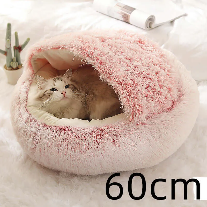 2-in-1 Dog and Cat Bed - Round Plush Winter Bed, Soft Long Plush Pet House