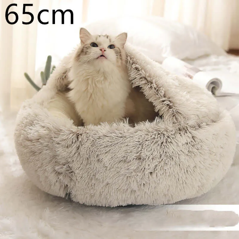 2-in-1 Dog and Cat Bed - Round Plush Winter Bed, Soft Long Plush Pet House