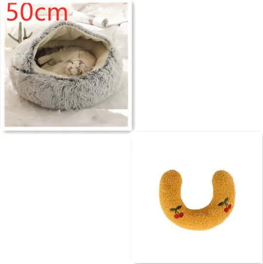 2-in-1 Dog and Cat Bed - Round Plush Winter Bed, Soft Long Plush Pet House