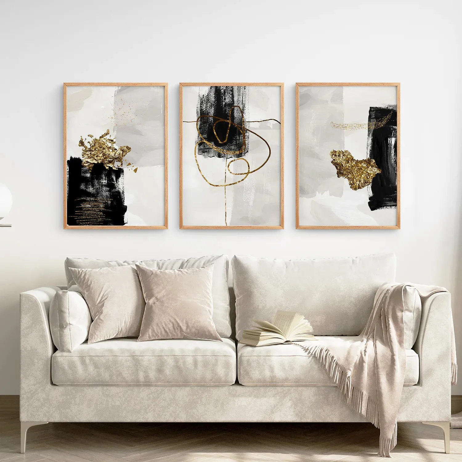 3 Piece Modern Scandinavian Wall Art Set. Black and Gold