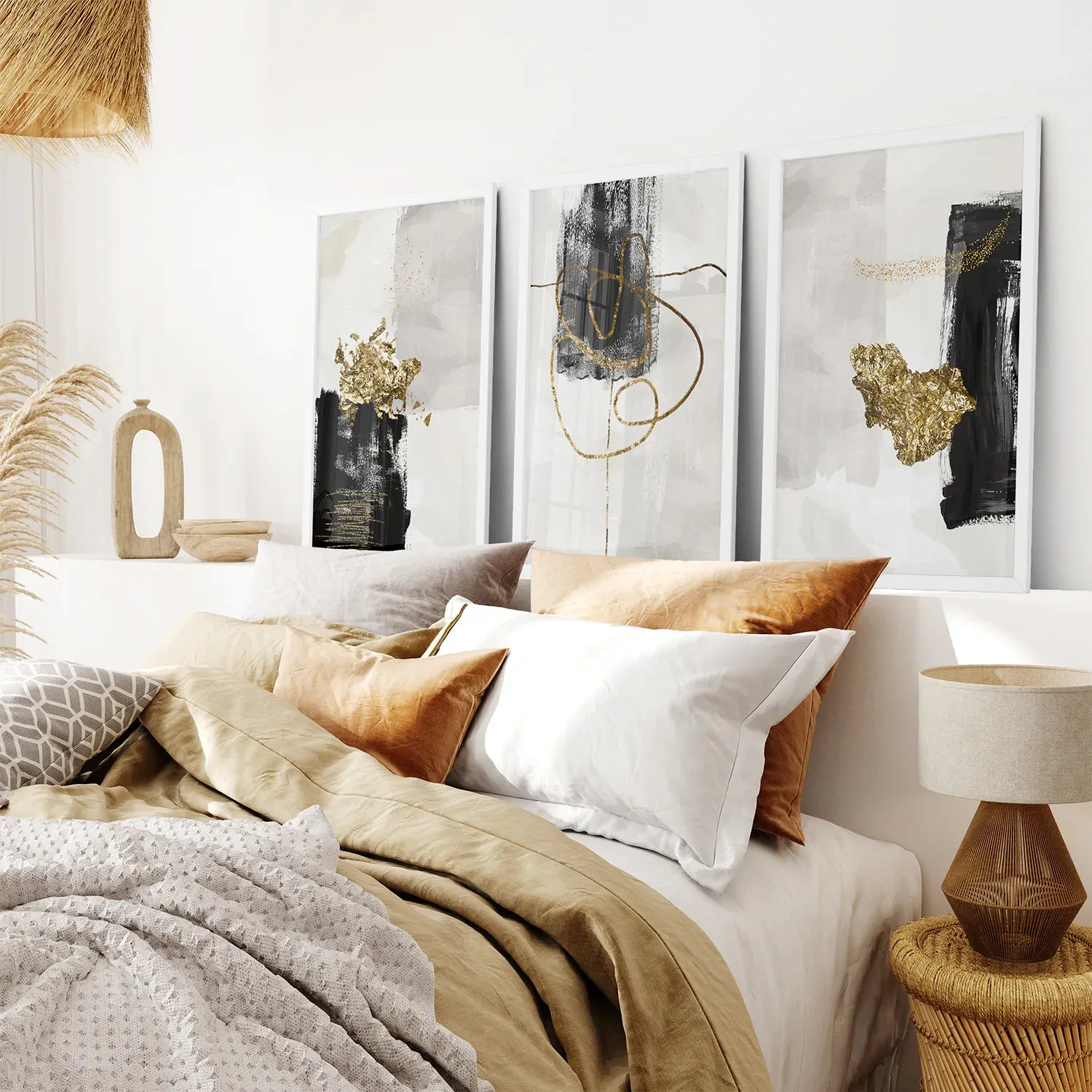 3 Piece Modern Scandinavian Wall Art Set. Black and Gold