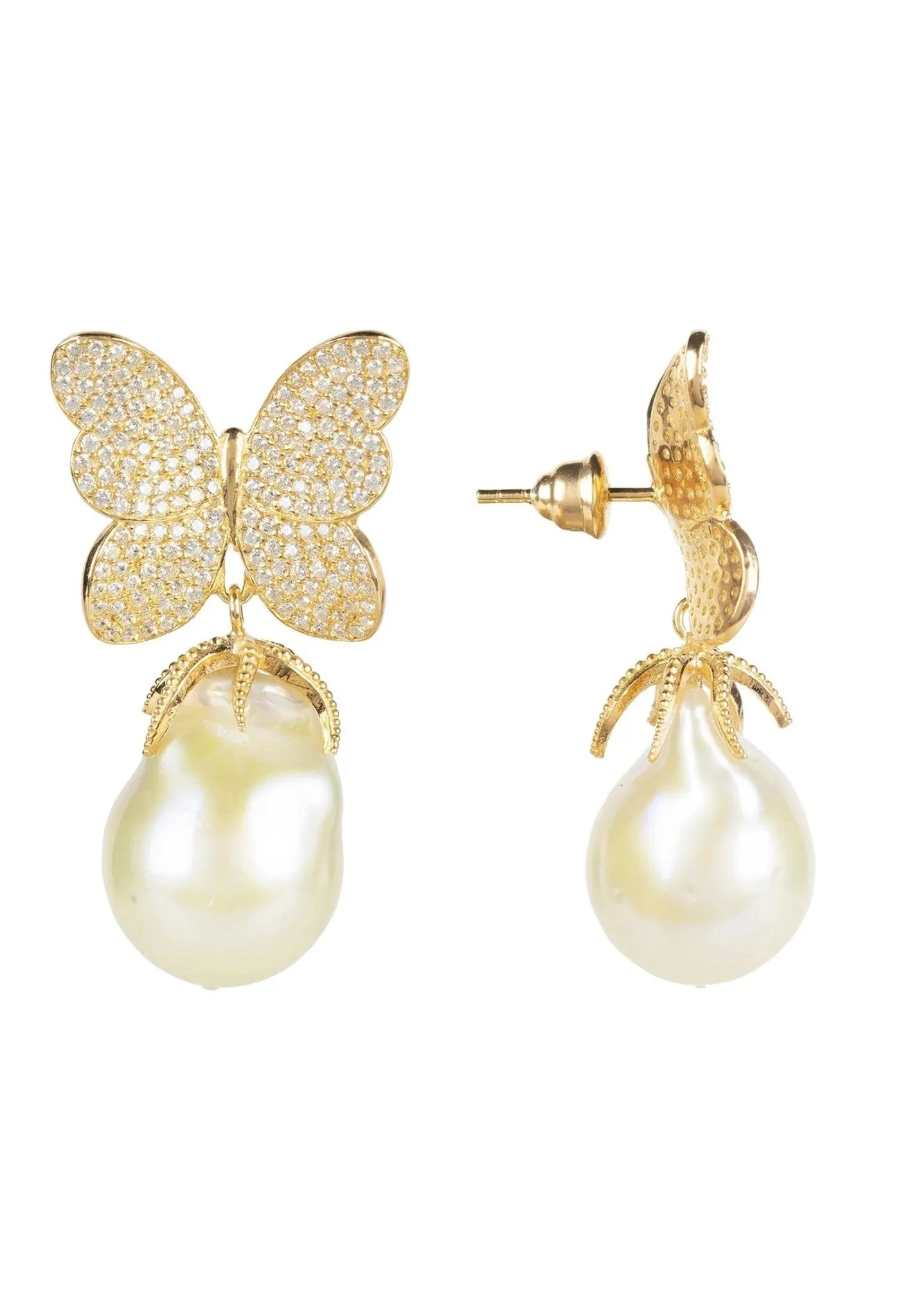 Baroque Pearl White Butterfly Earrings Gold