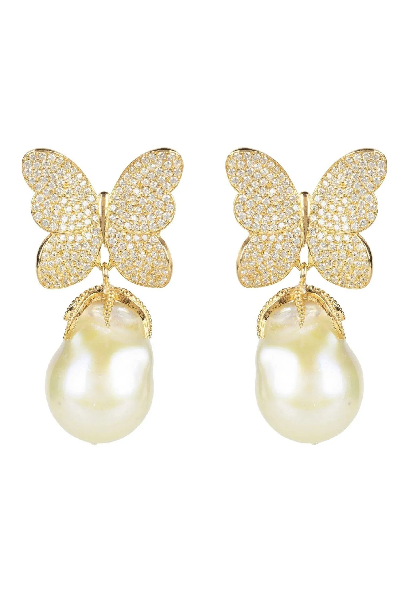 Baroque Pearl White Butterfly Earrings Gold