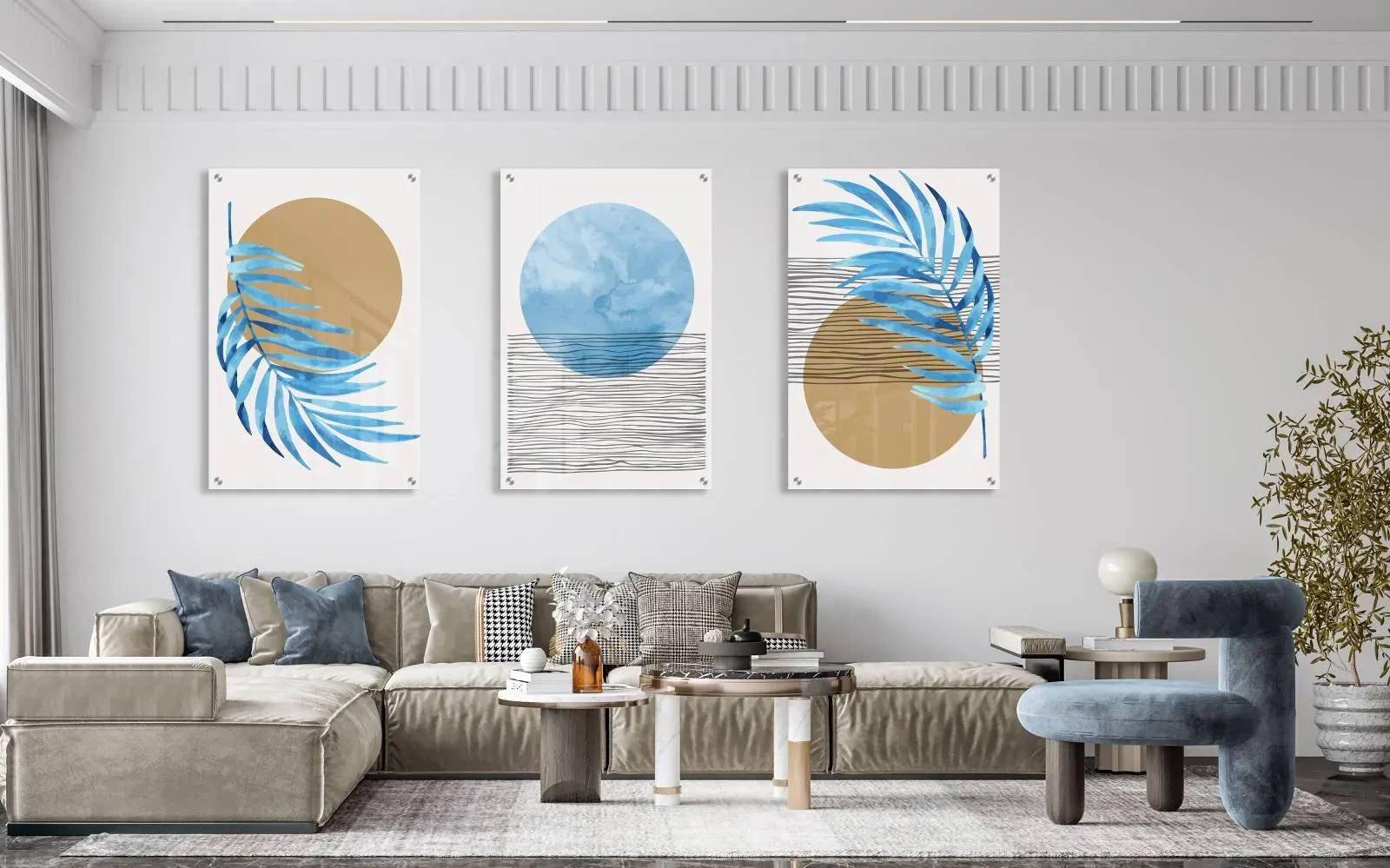 Blue Leave Set of 3 Prints Modern Wall Art Modern Artwork