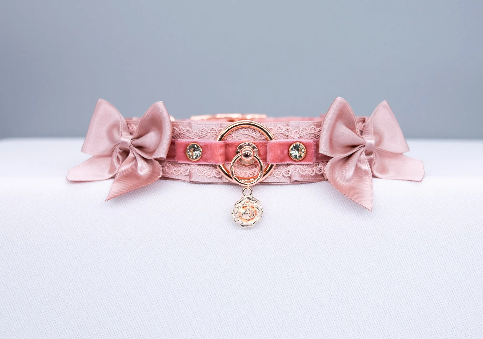 Blush Velvet and Dusty Rose Bows - BDSM Collar in Rose Gold