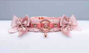 Blush Velvet and Dusty Rose Bows - BDSM Collar in Rose Gold