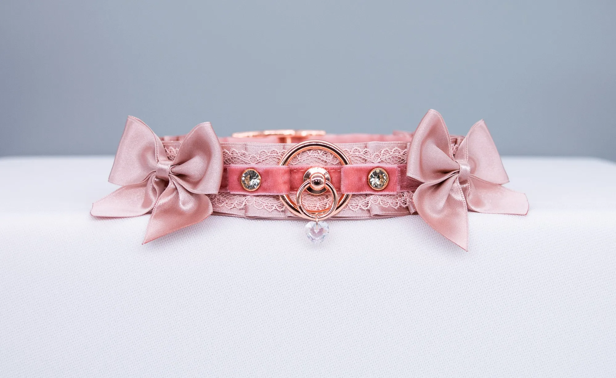 Blush Velvet and Dusty Rose Bows - BDSM Collar in Rose Gold