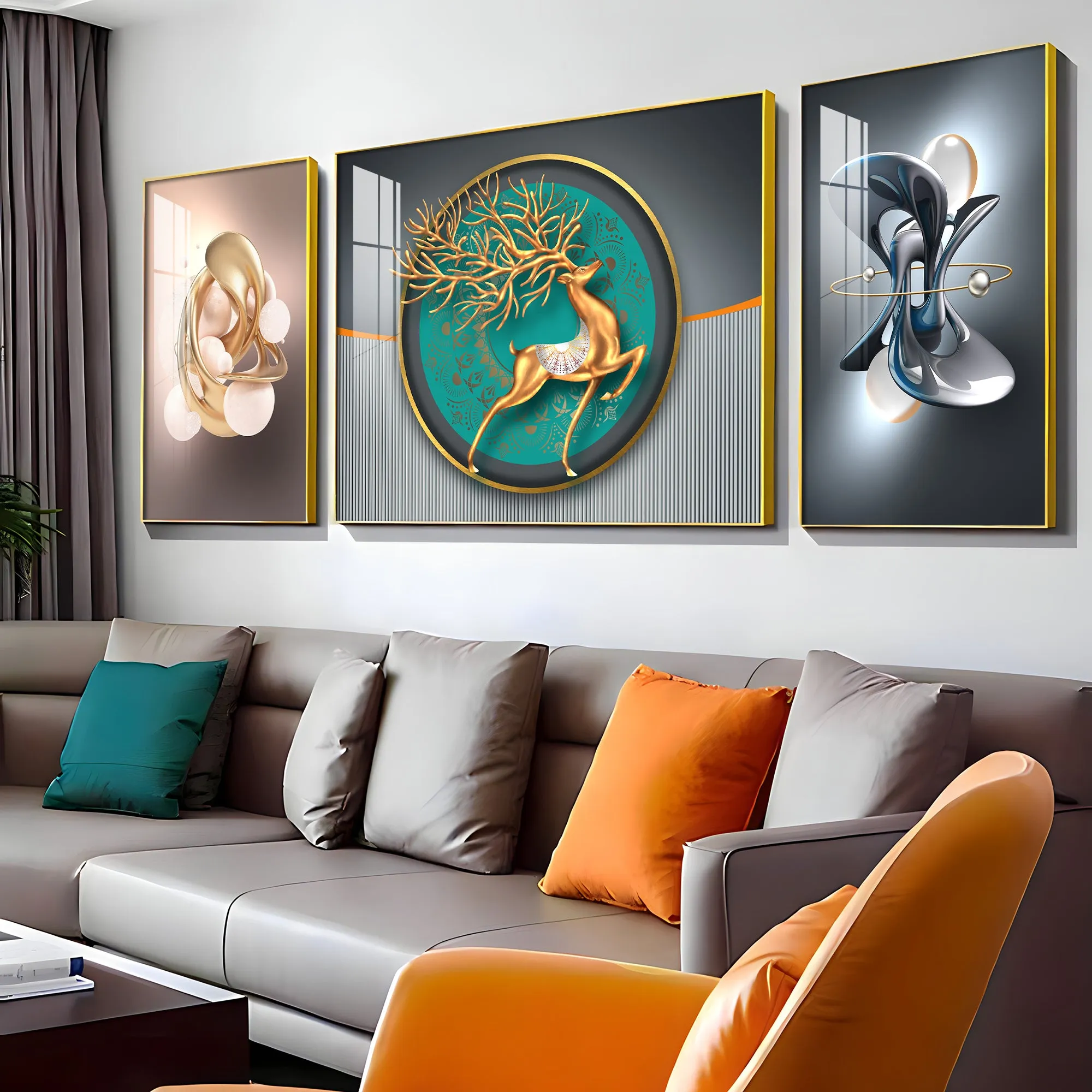 Celestial Deers Premium Acrylic Wall Art (Set of 3)