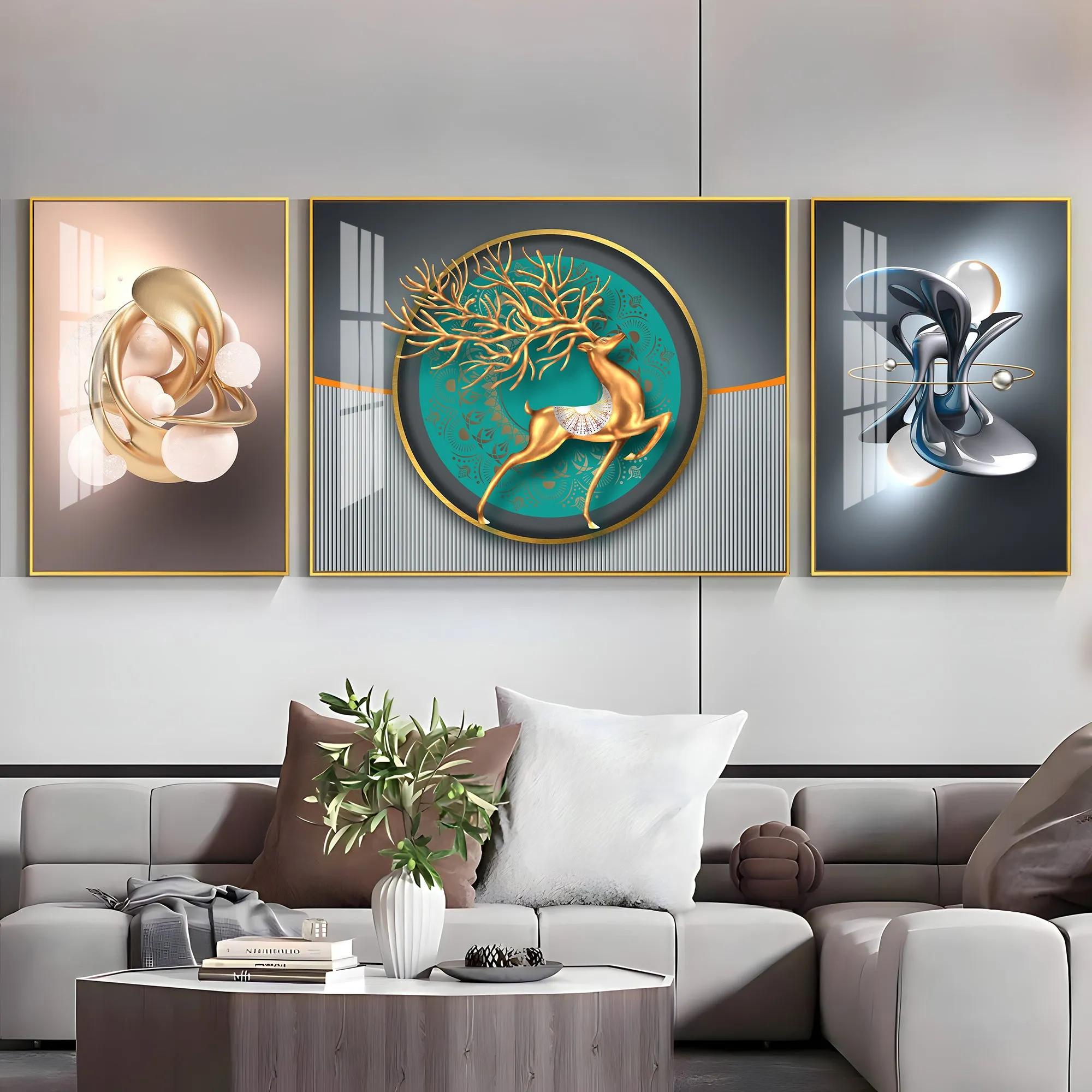 Celestial Deers Premium Acrylic Wall Art (Set of 3)