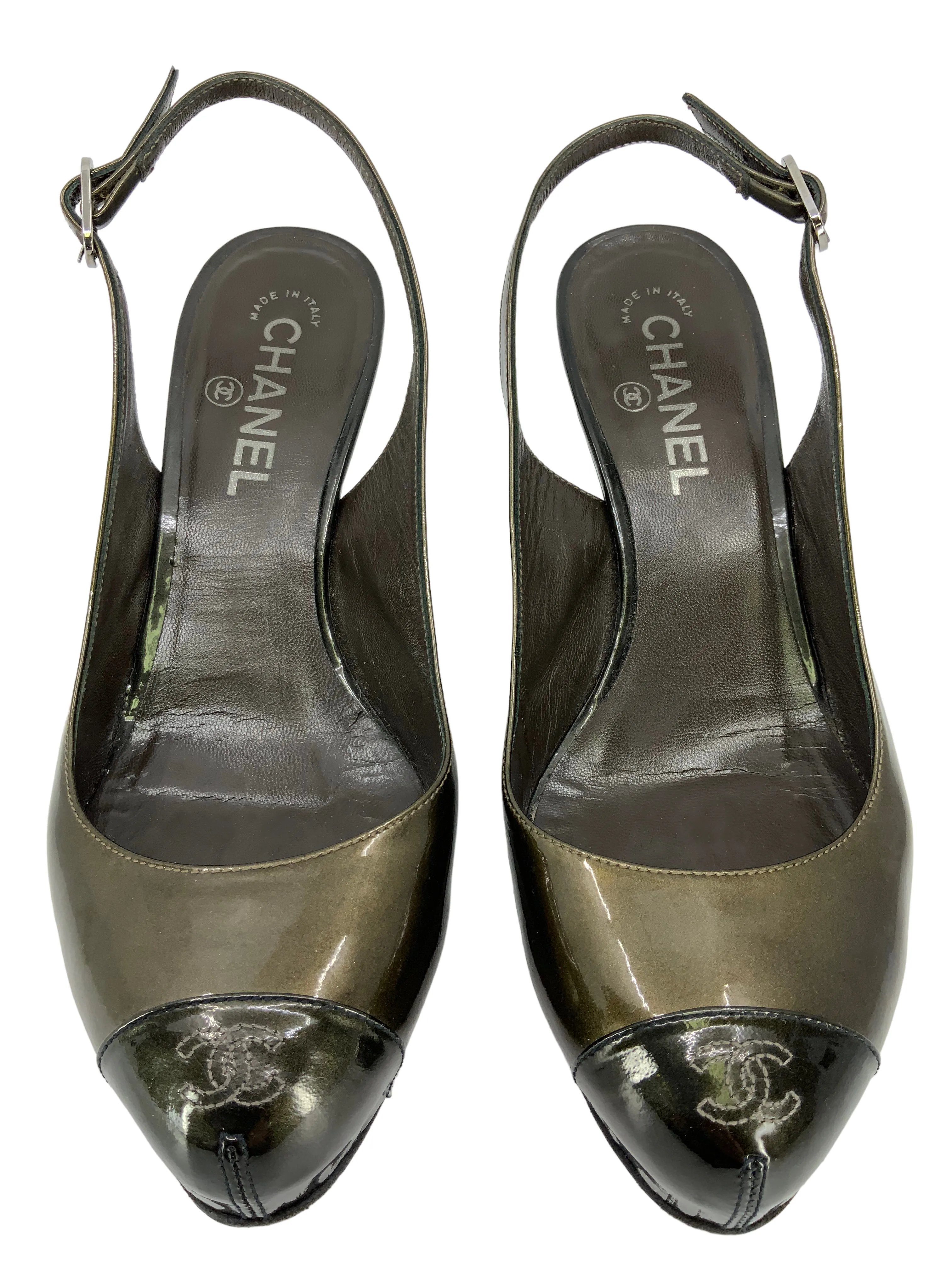 Chanel Patent Leather CC Logo Cap Toe Slingback Pumps Size 9