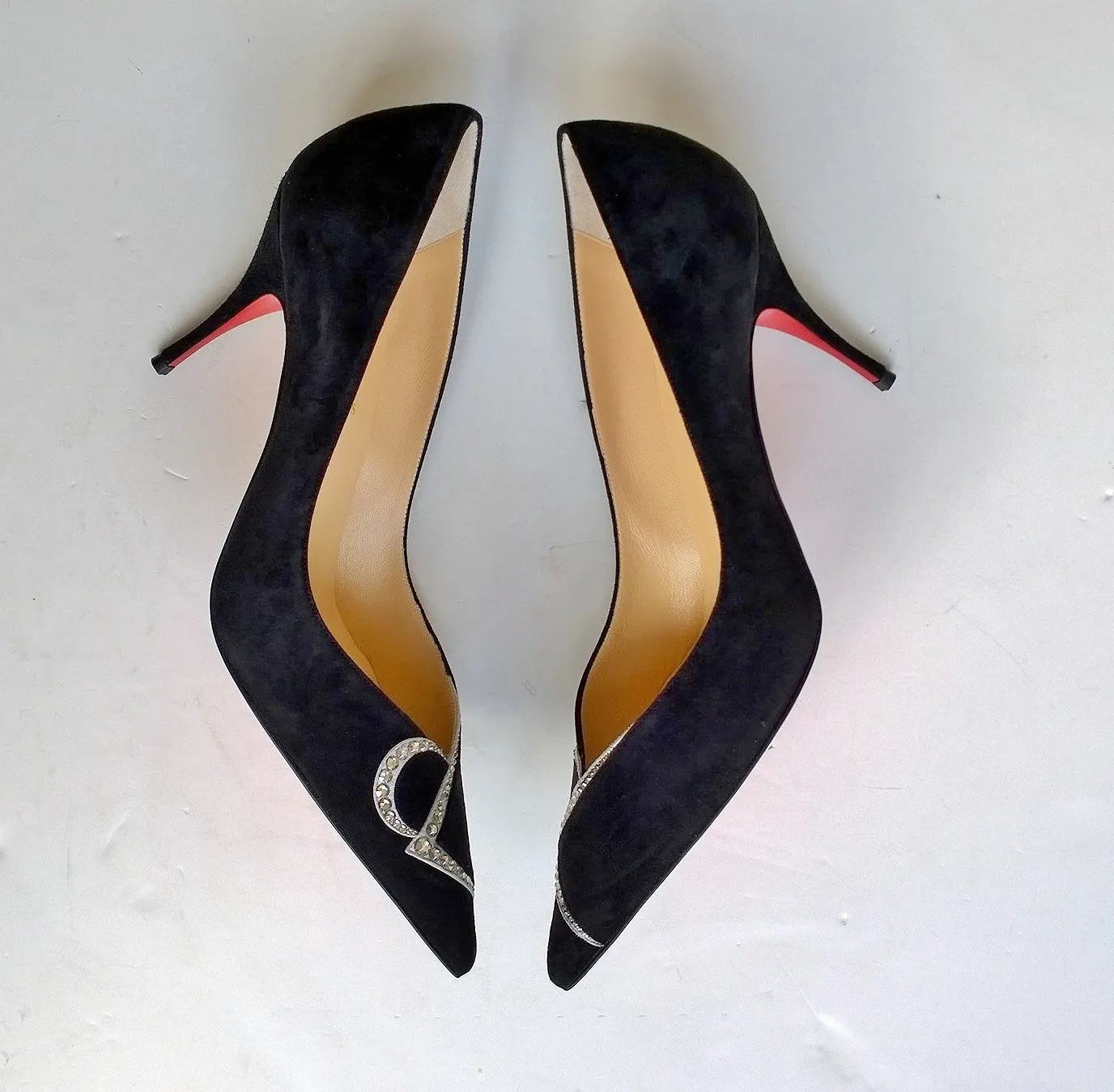 Christian Louboutin CL Logo Pumps Strass Black Suede 85 Heels Rhinestone shoes