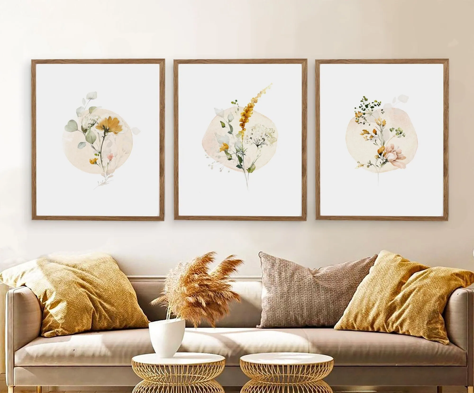 Circle Watercolor Floral Set of Three Wall Art