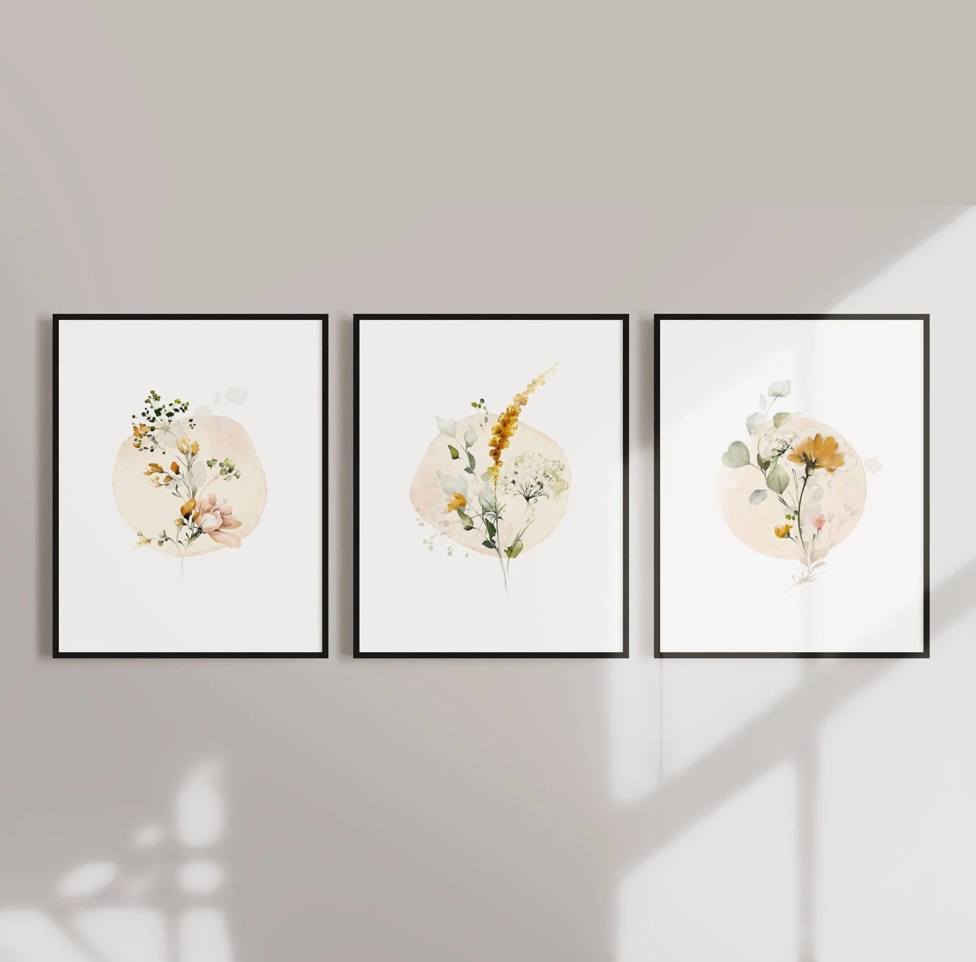 Circle Watercolor Floral Set of Three Wall Art