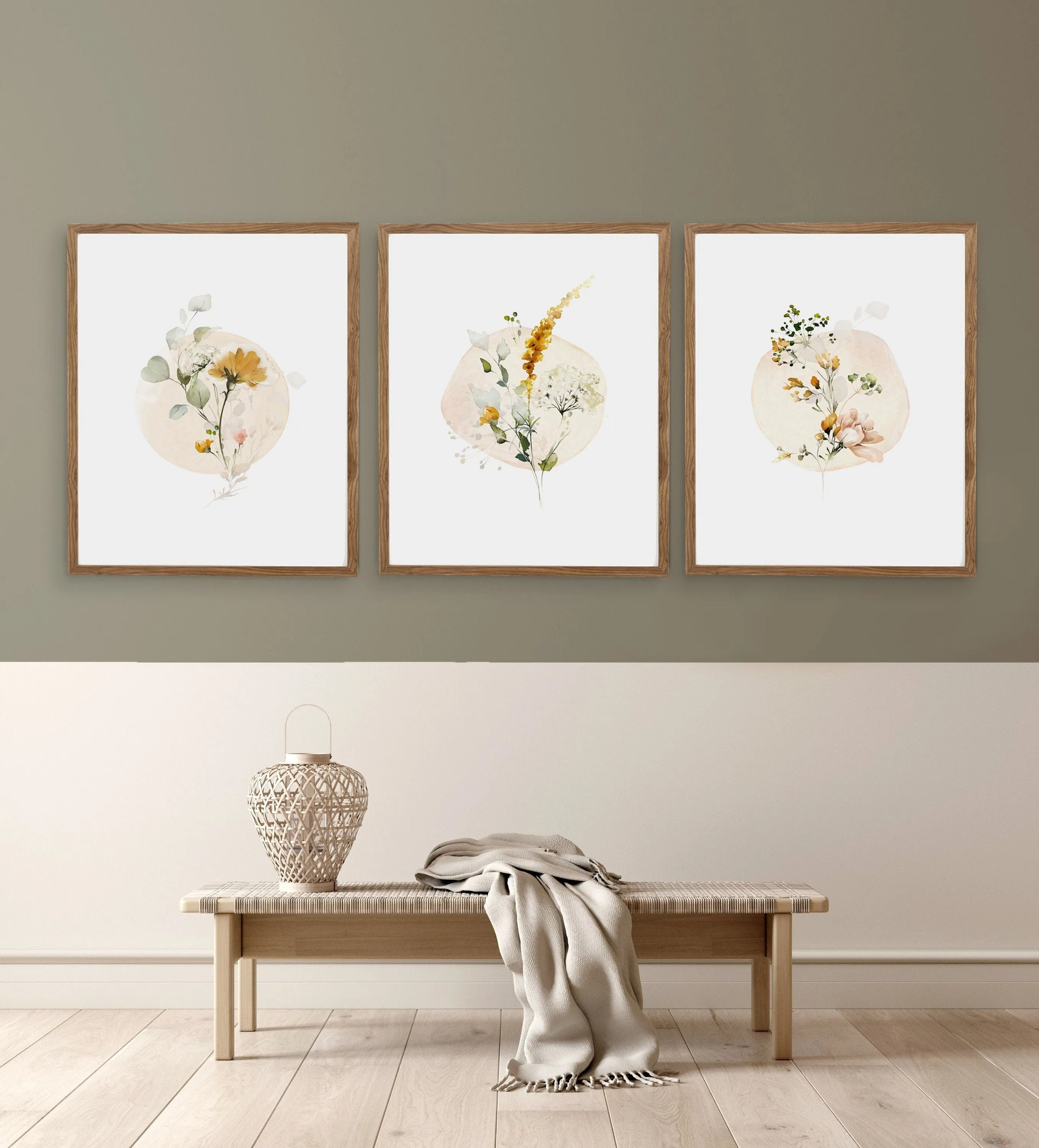 Circle Watercolor Floral Set of Three Wall Art