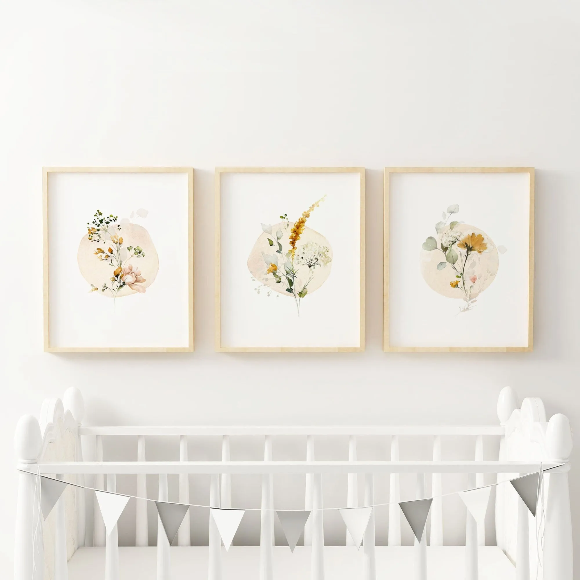 Circle Watercolor Floral Set of Three Wall Art