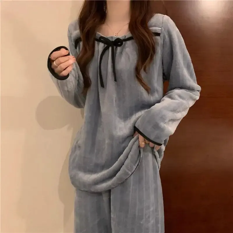 Coral Fleece Pajama Sets for Women – Autumn/Winter Thick Warm Long Sleeve Sleepwear, Sweet Nightgown Pijama Suit, Mujer Homewear