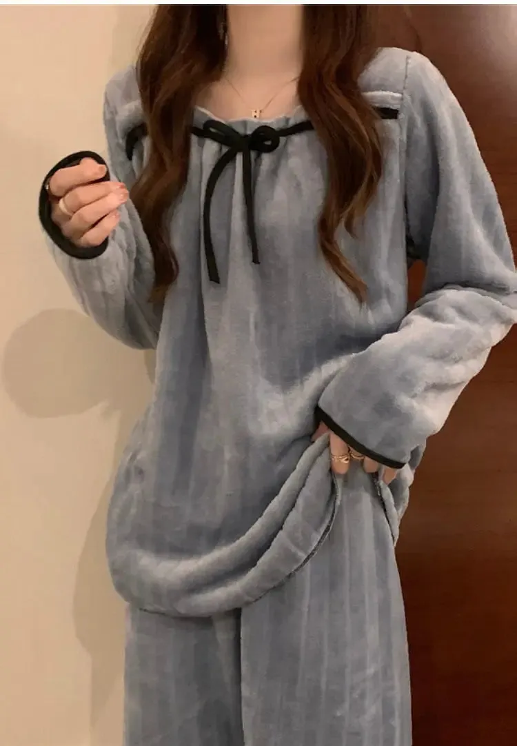 Coral Fleece Pajama Sets for Women – Autumn/Winter Thick Warm Long Sleeve Sleepwear, Sweet Nightgown Pijama Suit, Mujer Homewear