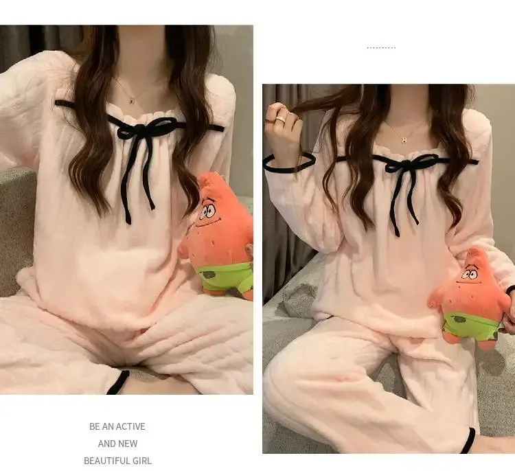 Coral Fleece Pajama Sets for Women – Autumn/Winter Thick Warm Long Sleeve Sleepwear, Sweet Nightgown Pijama Suit, Mujer Homewear