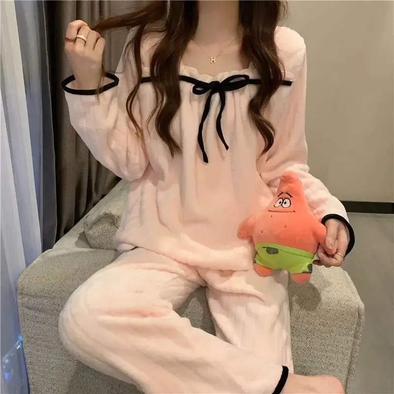 Coral Fleece Pajama Sets for Women – Autumn/Winter Thick Warm Long Sleeve Sleepwear, Sweet Nightgown Pijama Suit, Mujer Homewear