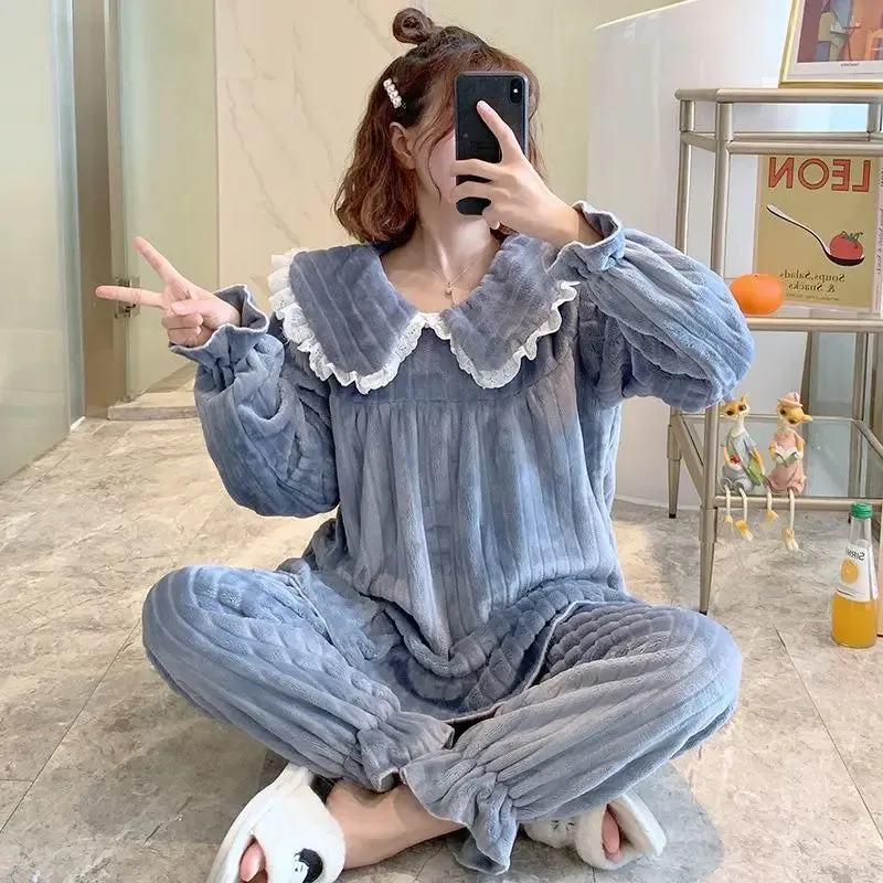 Coral Fleece Pajama Sets for Women – Autumn/Winter Thick Warm Long Sleeve Sleepwear, Sweet Nightgown Pijama Suit, Mujer Homewear