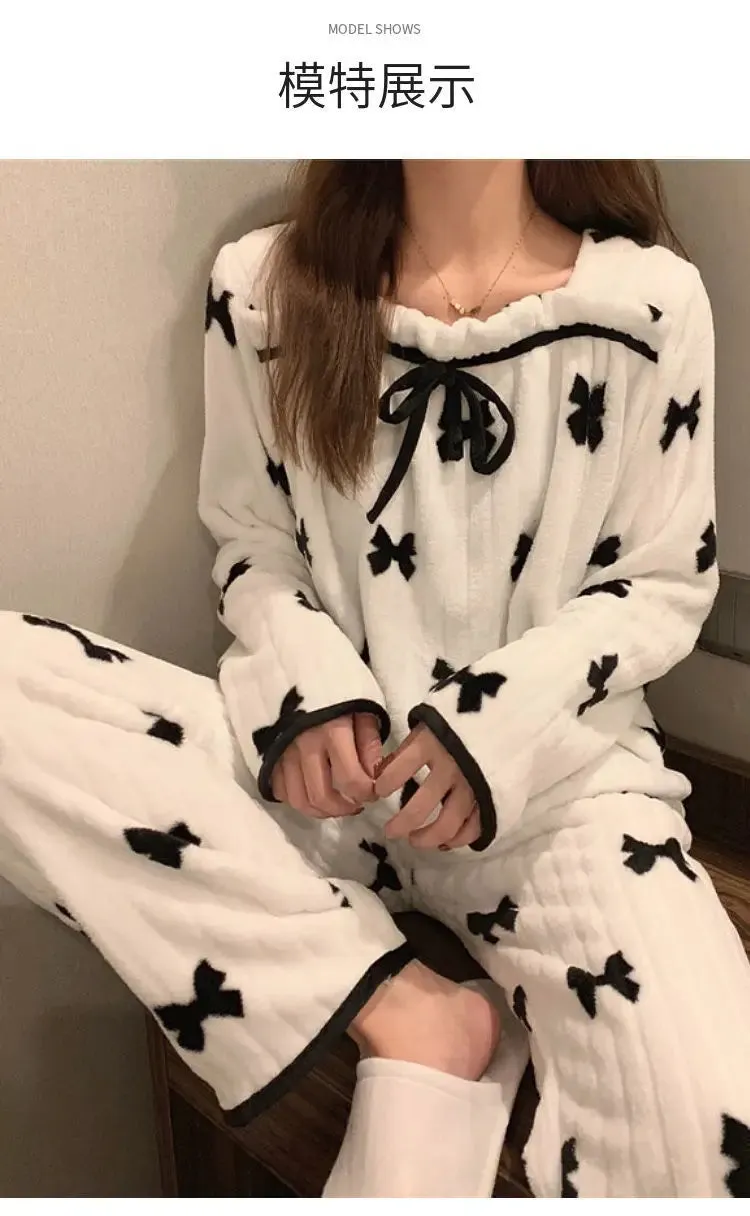 Coral Fleece Pajama Sets for Women – Autumn/Winter Thick Warm Long Sleeve Sleepwear, Sweet Nightgown Pijama Suit, Mujer Homewear