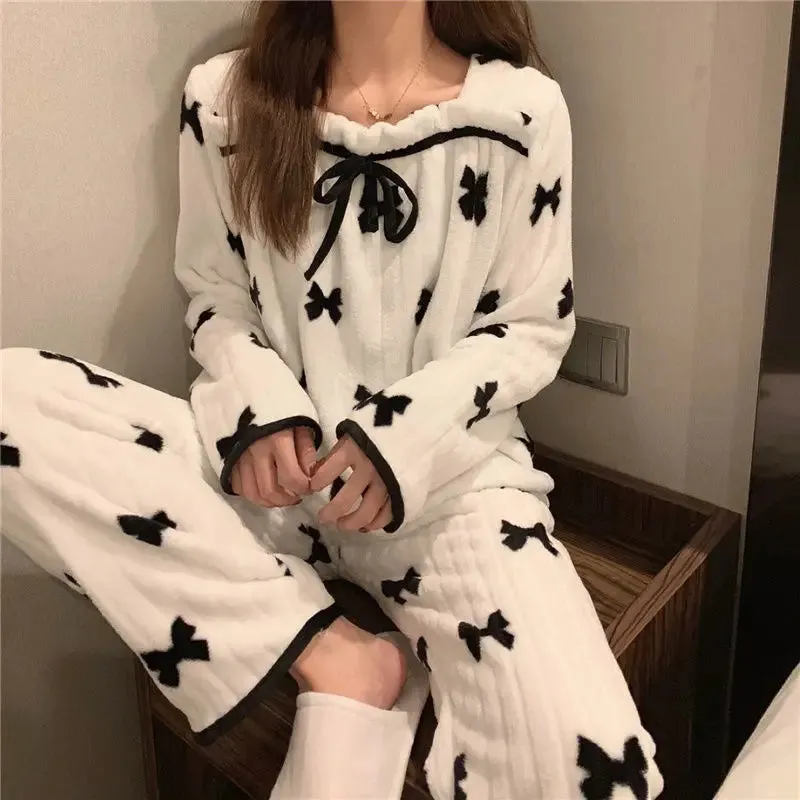 Coral Fleece Pajama Sets for Women – Autumn/Winter Thick Warm Long Sleeve Sleepwear, Sweet Nightgown Pijama Suit, Mujer Homewear