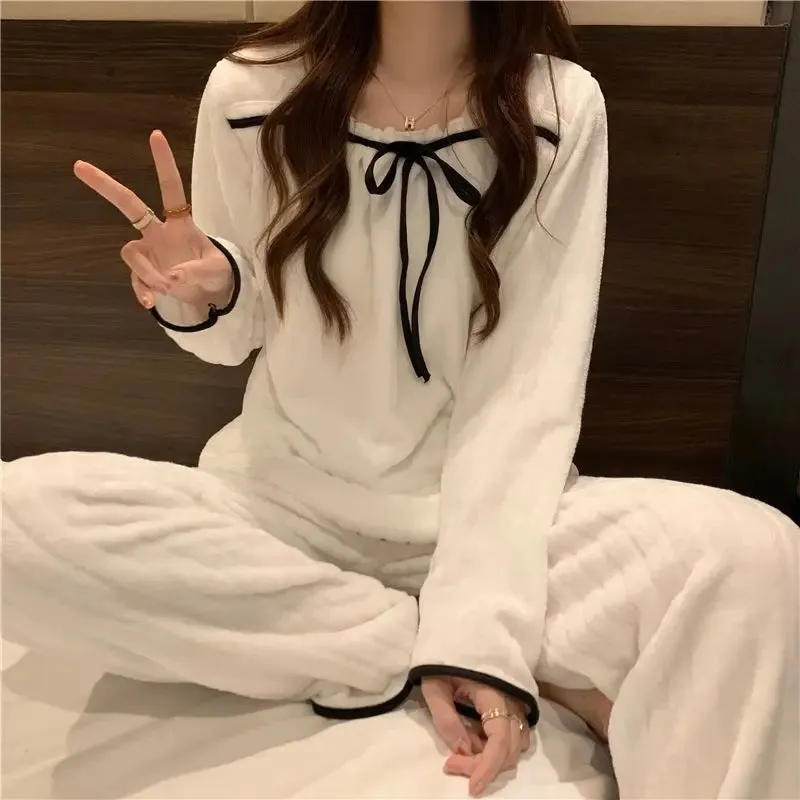 Coral Fleece Pajama Sets for Women – Autumn/Winter Thick Warm Long Sleeve Sleepwear, Sweet Nightgown Pijama Suit, Mujer Homewear